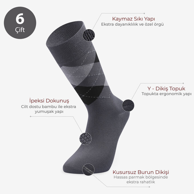 Toptan 6'lı Premium Baklava Desenli Erkek Bambu Çorap-E70