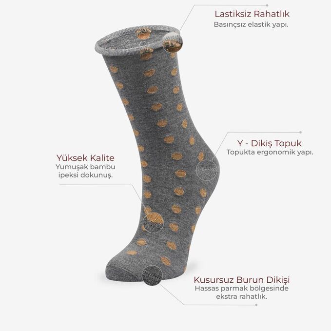 Bolero Roll Top Lastiksiz Kadın Gri Puantiyeli Soket Çorap - Çorap  Toptancısı