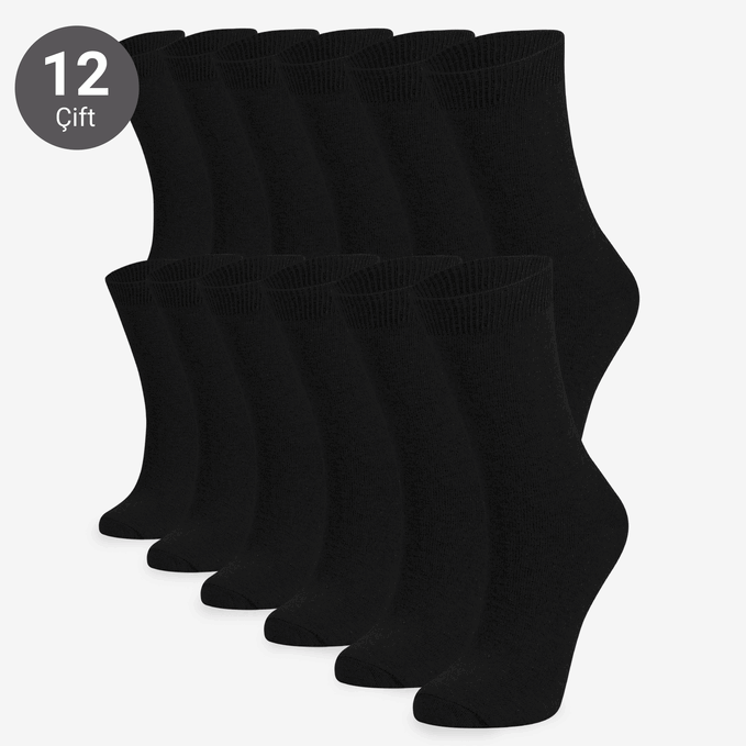 Toptan 12'li Karışık Bayan Düz Siyah Soket Çorap-B07