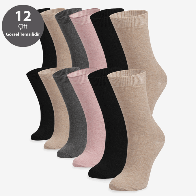 Toptan 12'li Karışık Kadın Düz Soket Çorap-B07